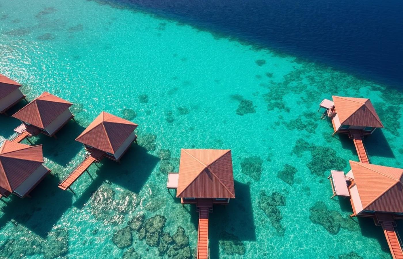 Overwater bungalows above a turquoise lagoon